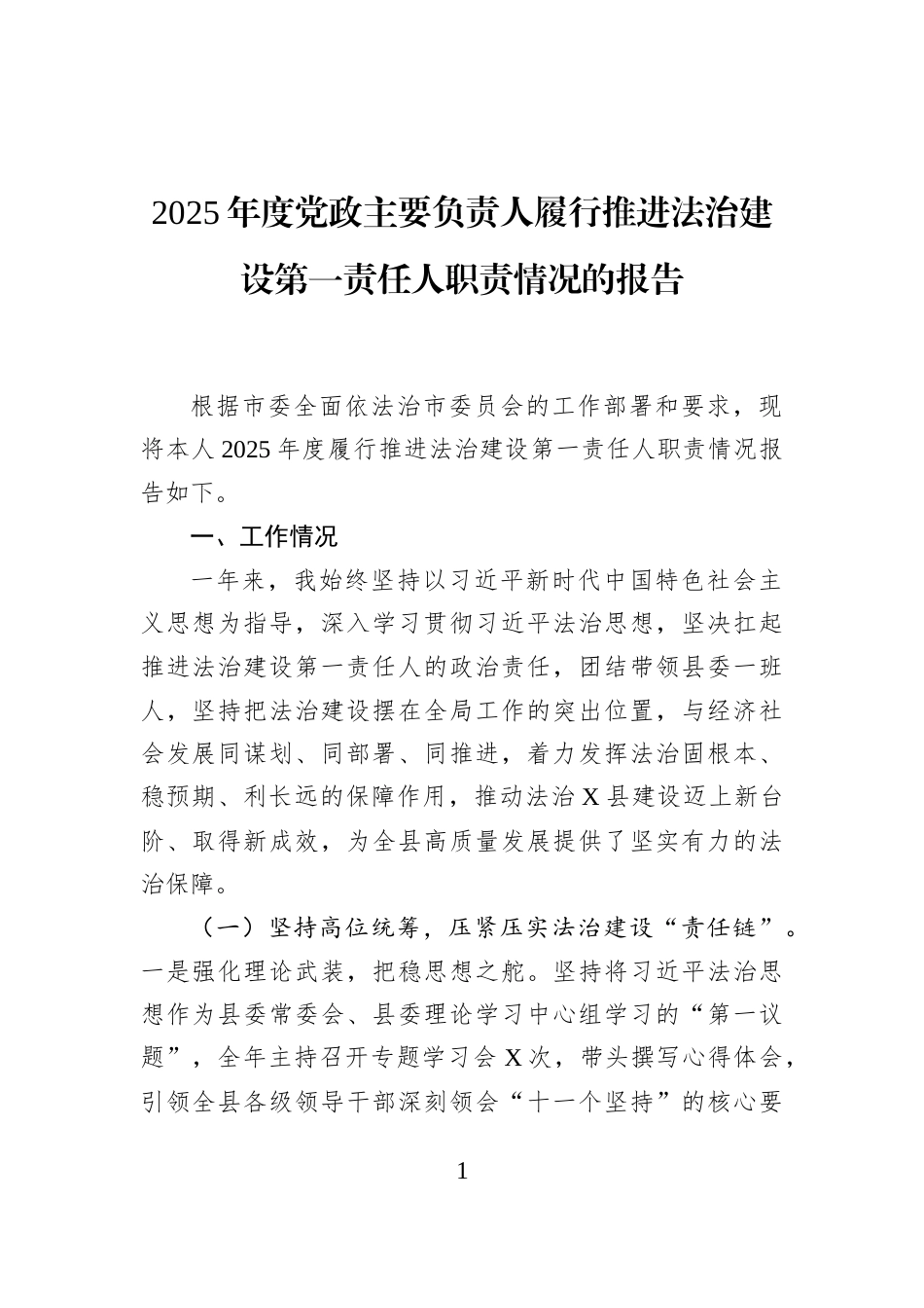 2025年度党政主要负责人履行推进法治建设第一责任人职责情况的报告_第1页