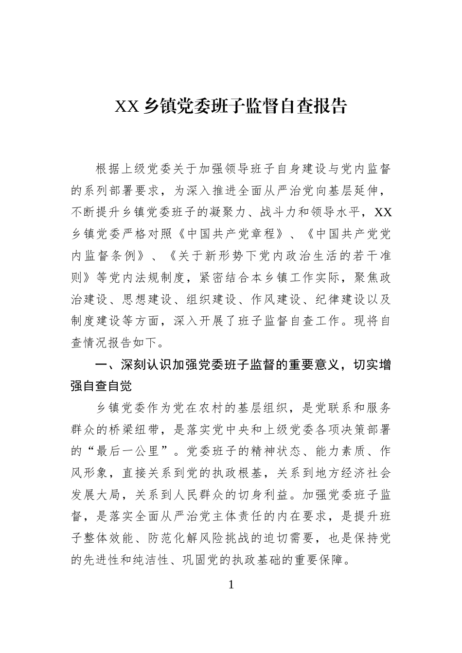 XX乡镇党委班子监督自查报告_第1页