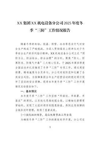 XX集团XX机电设备分公司2025年度冬季“三防”工作情况报告