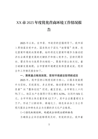XX市2025年度优化营商环境工作情况报告