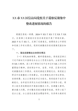 XX市XX区信访局党组关于巡察反馈集中整改进展情况的报告