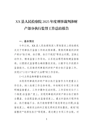 XX县人民检察院2025年度刑事裁判涉财产部分执行监督工作总结报告