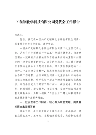 X鞍钢化学科技有限公司党代会工作报告