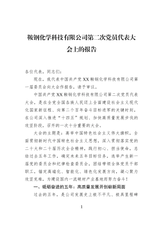 鞍钢化学科技有限公司第二次党员代表大会上的报告