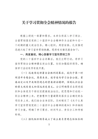 关于学习贯彻全会精神情况的报告