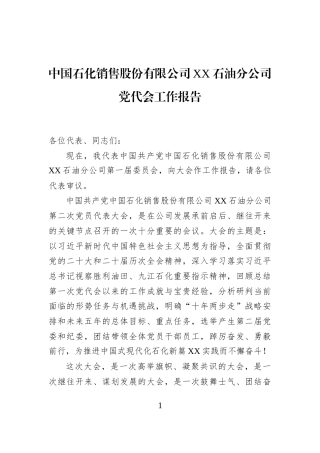 中国石化销售股份有限公司XX石油分公司党代会工作报告