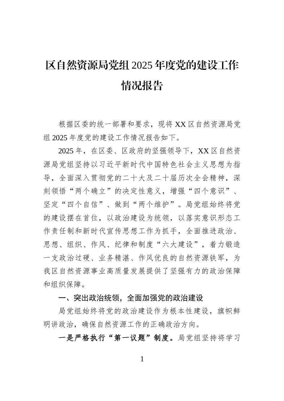 区自然资源局党组2025年度党的建设工作情况报告_第1页