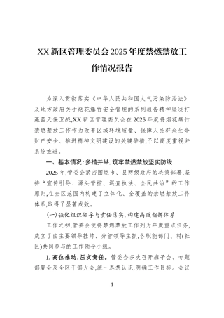 XX新区管理委员会2025年度禁燃禁放工作情况报告