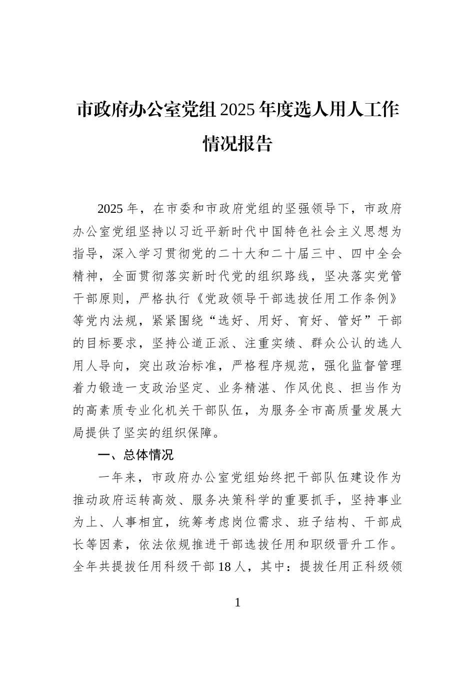 市政府办公室党组2025年度选人用人工作情况报告_第1页