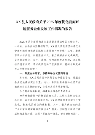 XX县人民政府关于2025年度优化营商环境服务企业发展工作情况的报告