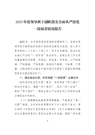 2025年度领导班子副职落实全面从严治党一岗双责情况报告