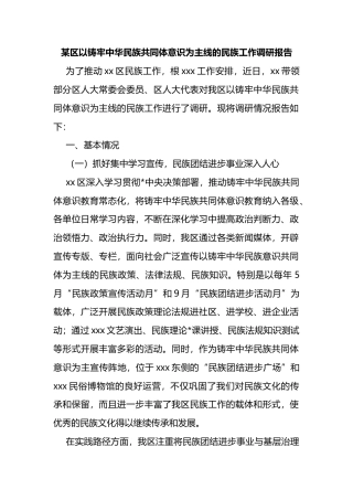 区以铸牢中华民族共同体意识为主线的民族工作调研报告