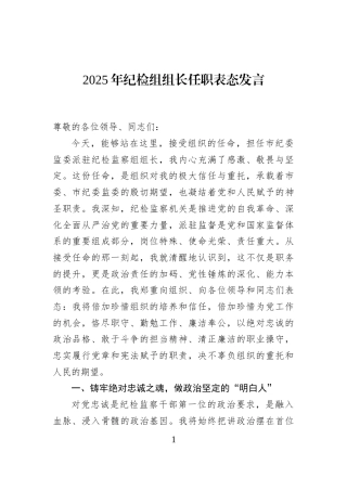 2025年纪检组组长任职表态发言