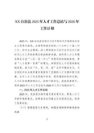 XX自治县2025年人才工作总结与2026年工作计划