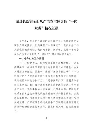 副县长落实全面从严治党主体责任“一岗双责”情况汇报