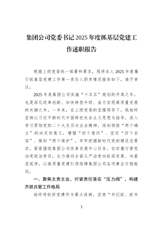 集团公司党委书记2025年度抓基层党建工作述职报告