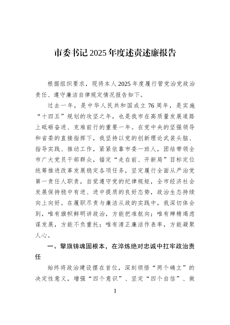 市委书记2025年度述责述廉报告_第1页