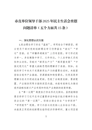市直单位领导干部2025年民主生活会查摆问题清单（五个方面共15条）