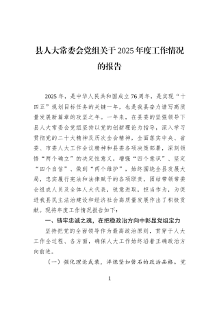 县人大常委会党组关于2025年度工作情况的报告