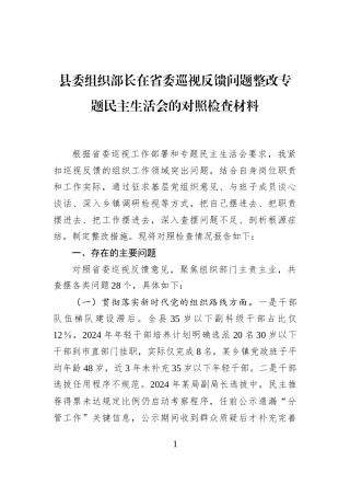 县委组织部长在省委巡视反馈问题整改专题民主生活会的对照检查材料