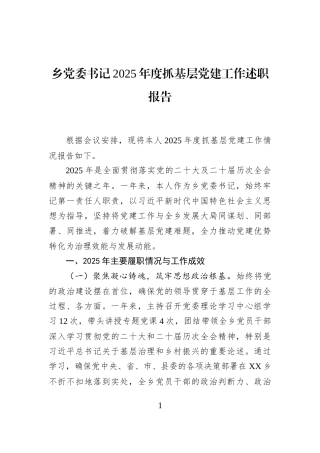乡党委书记2025年度抓基层党建工作述职报告