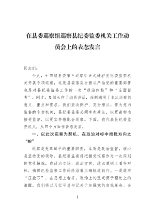 在县委巡察组巡察县纪委监委机关工作动员会上的表态发言
