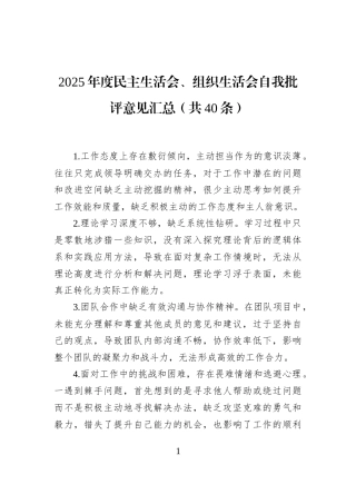 2025年度民主生活会、组织生活会自我批评意见汇总（共40条）