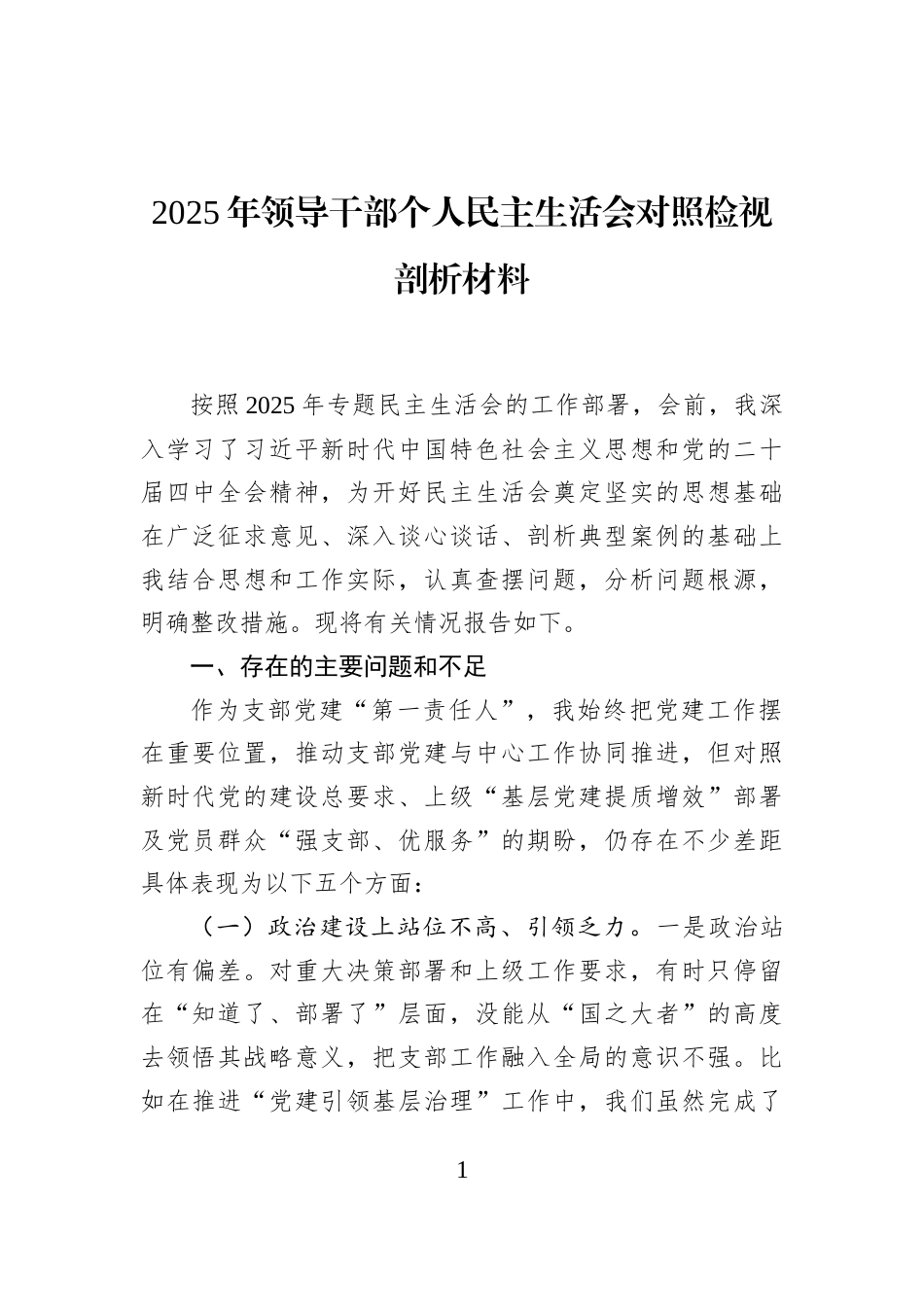 2025年领导干部个人民主生活会对照检视剖析材料_第1页