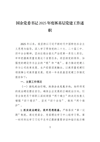 国企党委书记2025年度抓基层党建工作述职