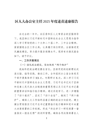区人大办公室主任2025年度述责述廉报告