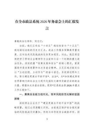 在全市政法系统2026年务虚会上的汇报发言