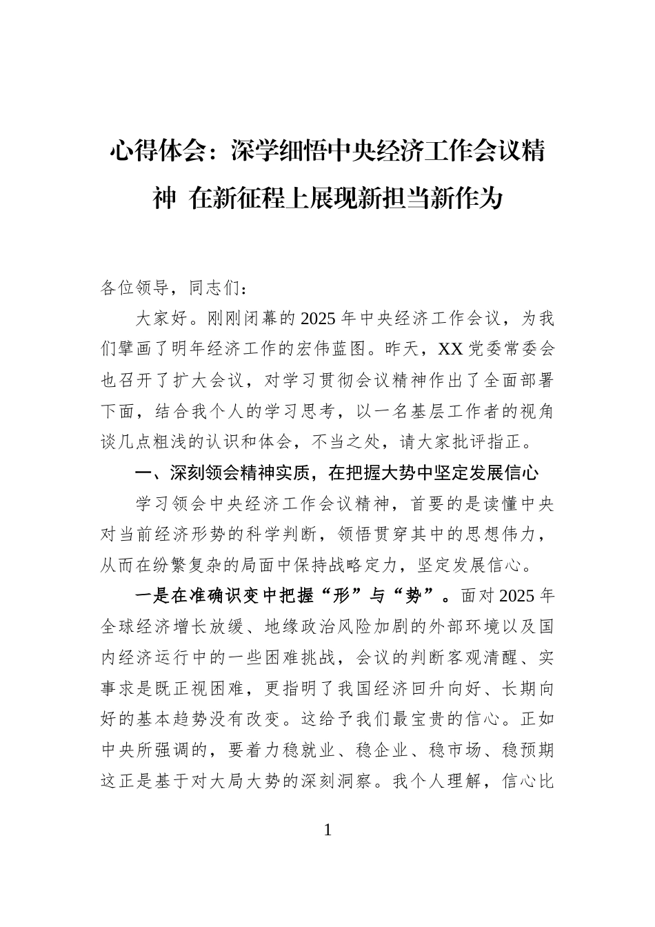 心得体会：深学细悟中央经济工作会议精神+在新征程上展现新担当新作为_第1页