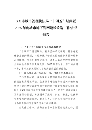 XX市城市管理执法局“十四五”期间暨2025年度城市地下管网建设改造工作情况报告