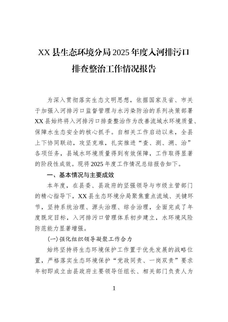 XX县生态环境分局2025年度入河排污口排查整治工作情况报告_第1页