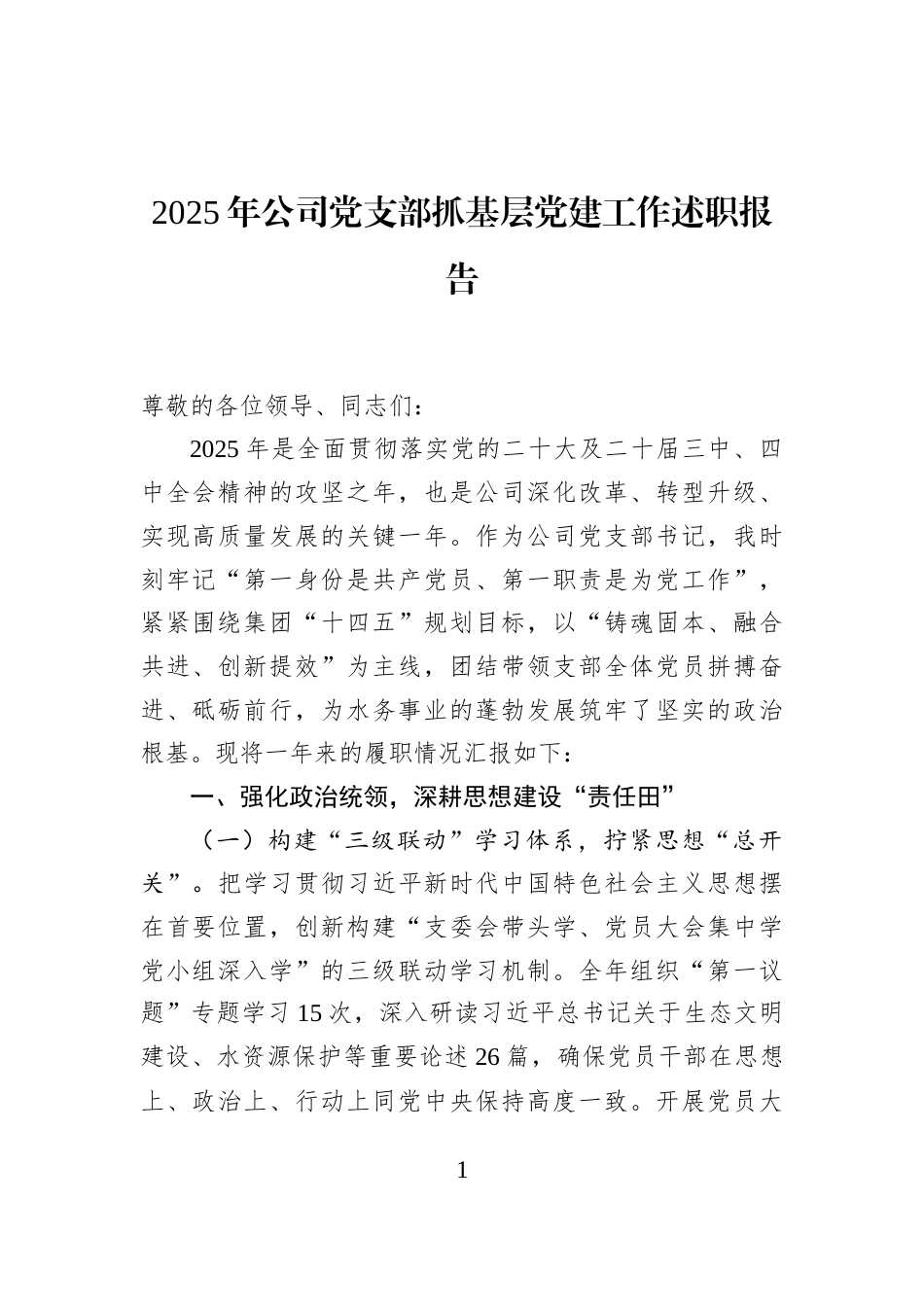 2025年公司党支部抓基层党建工作述职报告_第1页