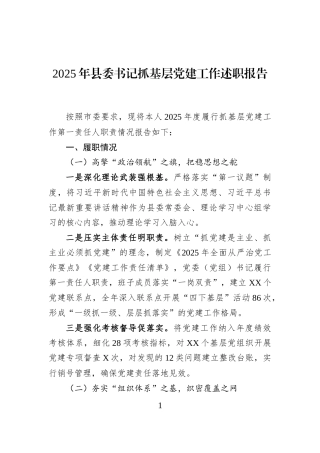 2025年县委书记抓基层党建工作述职报告