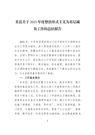 某县关于2025年度整治形式主义为基层减负工作的总结报告