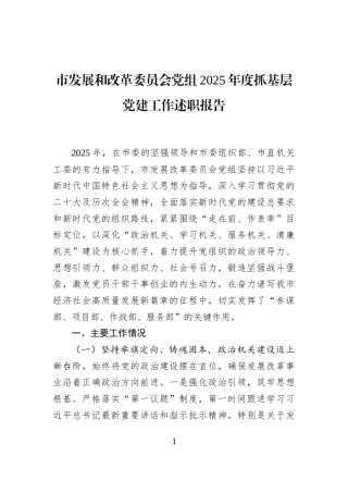 市发展和改革委员会党组2025年度抓基层党建工作述职报告