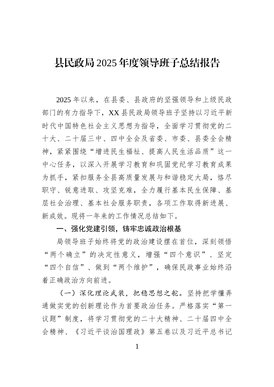 县民政局2025年度领导班子总结报告_第1页