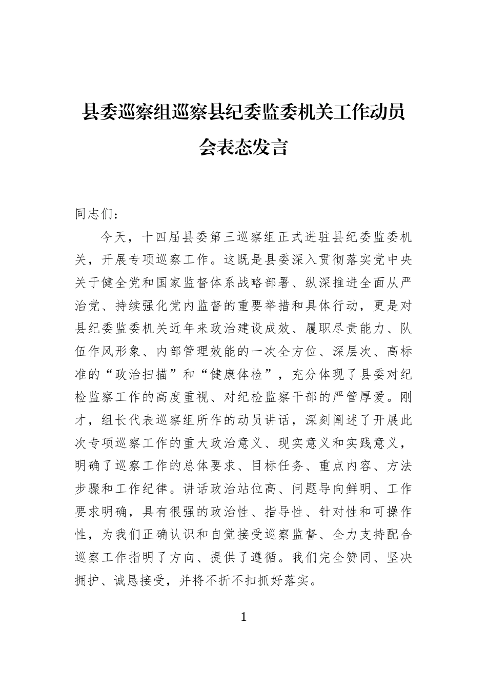 县委巡察组巡察县纪委监委机关工作动员会表态发言_第1页