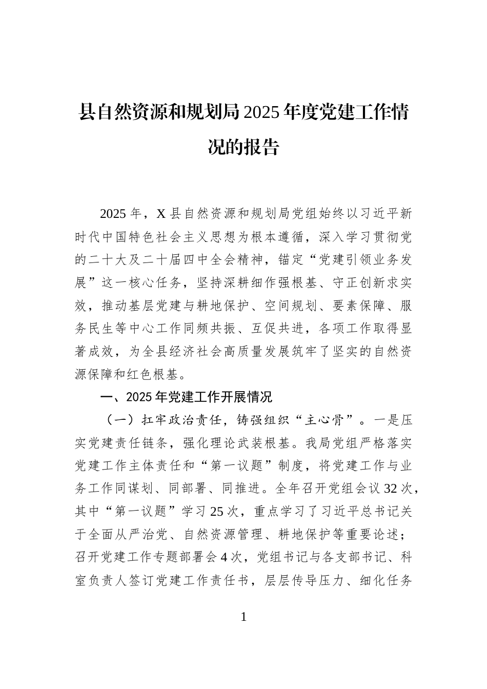 县自然资源和规划局2025年度党建工作情况的报告_第1页