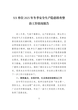 XX单位2025年冬季安全生产隐患排查整治工作情况报告