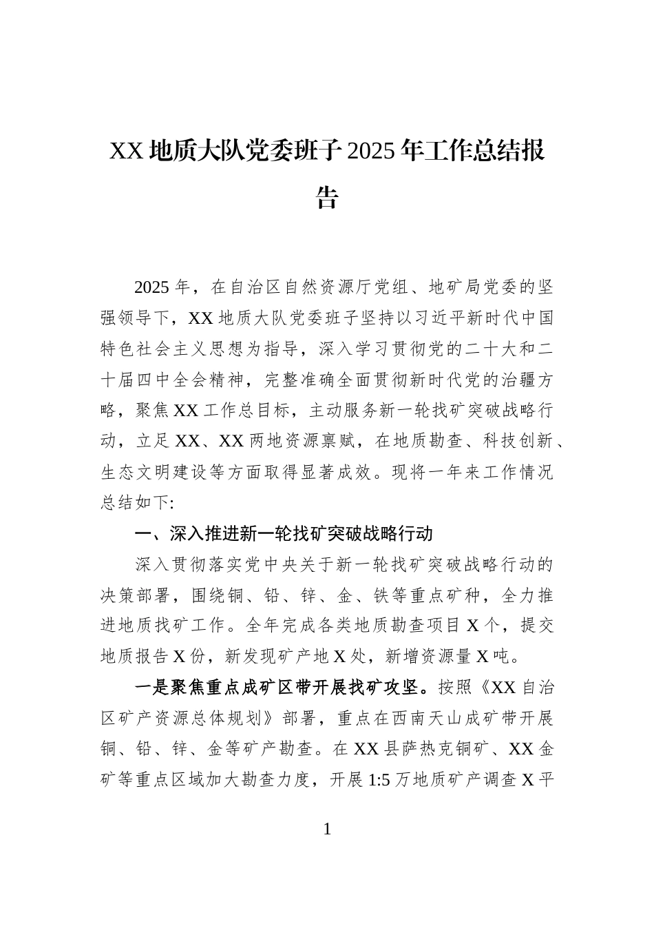 XX地质大队党委班子2025年工作总结报告_第1页