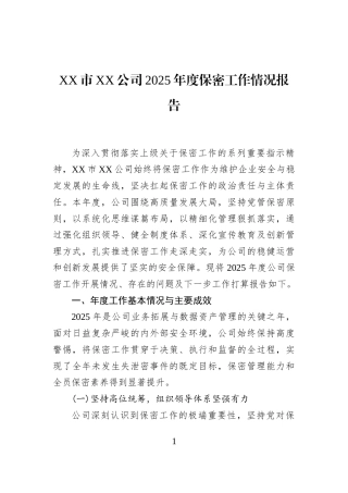 XX市XX公司2025年度保密工作情况报告