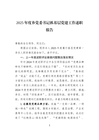 2025年度乡党委书记抓基层党建工作述职报告