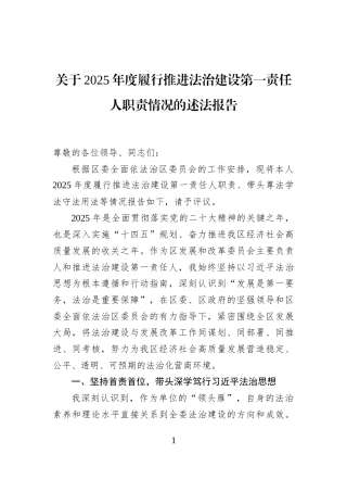 关于2025年度履行推进法治建设第一责任人职责情况的述法报告