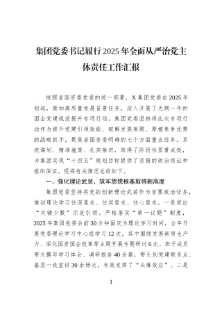 集团党委书记履行2025年全面从严治党主体责任工作汇报