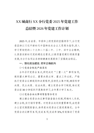 XX城商行XX分行党委2025年党建工作总结暨2026年党建工作计划