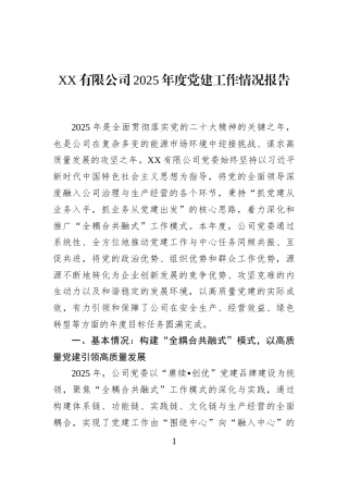 XX有限公司2025年度党建工作情况报告