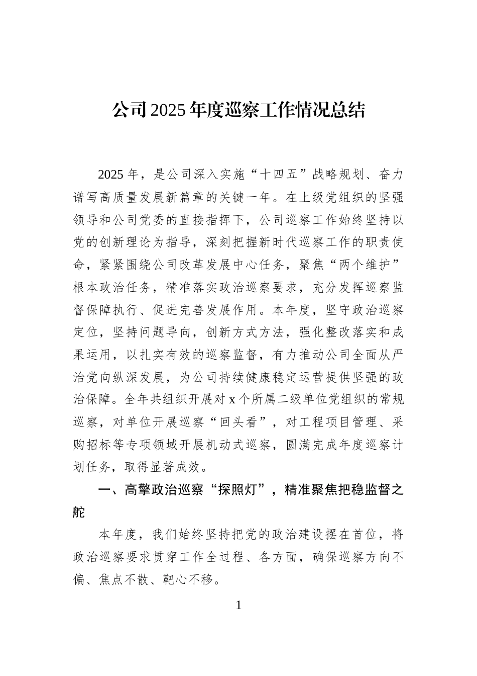 公司2025年度巡察工作情况总结_第1页